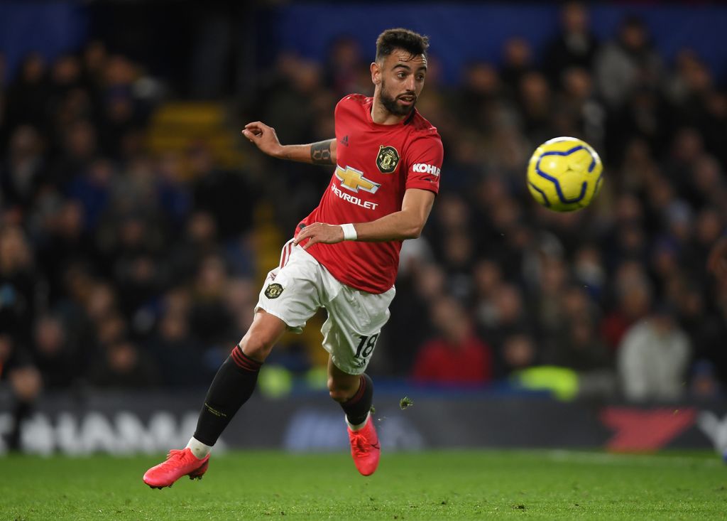 LONDON, ENGLAND - FEBRUARY 17: Bruno Fernandes of Manchester United in action during the Premier League match between Chelsea FC and Manchester United at Stamford Bridge on February 17, 2020 in London, United Kingdom. (Photo by Mike Hewitt/Getty Images)