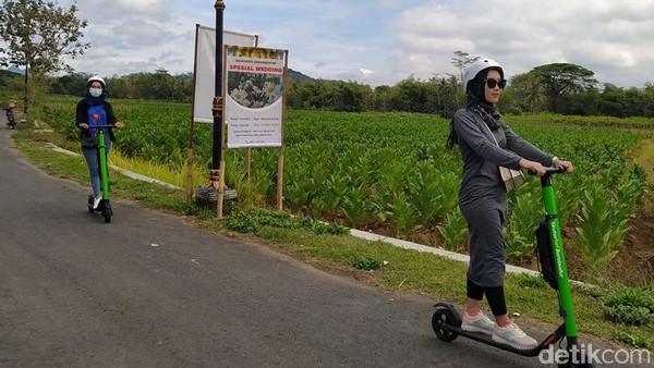 Selain bisa naik andong, mobil VW maupun sepeda, mengelilingi desa-desa cantik di sekitar candi Borobudur sekarang bisa dengan moda transportasi yang tengah ngehits, yakni naik skuter elektrik. (Eko Susanto/detikTravel) Selain bisa naik andong, mobil VW maupun sepeda, mengelilingi desa-desa cantik di sekitar candi Borobudur sekarang bisa dengan moda transportasi yang tengah ngehits, yakni naik skuter elektrik. (Eko Susanto/detikTravel)