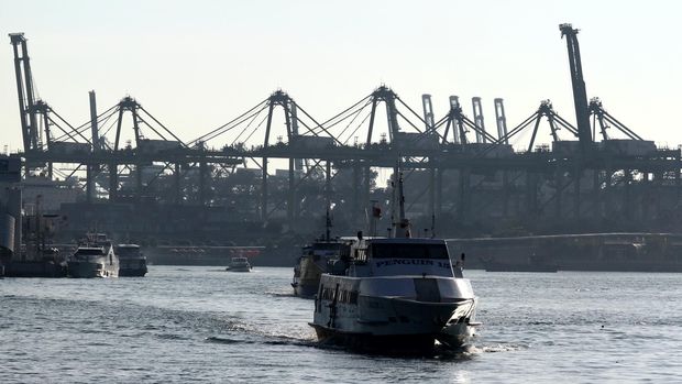 Sejumlah kapal melintasi terminal peti kemas PSA Brani, Singapura, Sabtu (22/11). PSA Brani merupakan salah satu jalur perlintasan komoditas ekspor-impor Indonesia . ANTARA FOTO/Joko Sulistyo/ed/mes/14