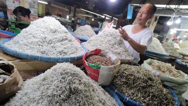 Seorang pedagang menyusun ikan teri di Pusat Pasar Medan, Sumatera Utara, Senin (11/5). Harga ikan teri di beberapa pasar tradisional di Medan mengalami turun dari Rp 80 ribu per kg menjadi Rp 60 ribu seiring berkurangnya kualitas teri akibat lamanya proses pengeringan karena dampak musim pancaroba. ANTARA FOTO/Septianda Perdana/Rei/pras/15.