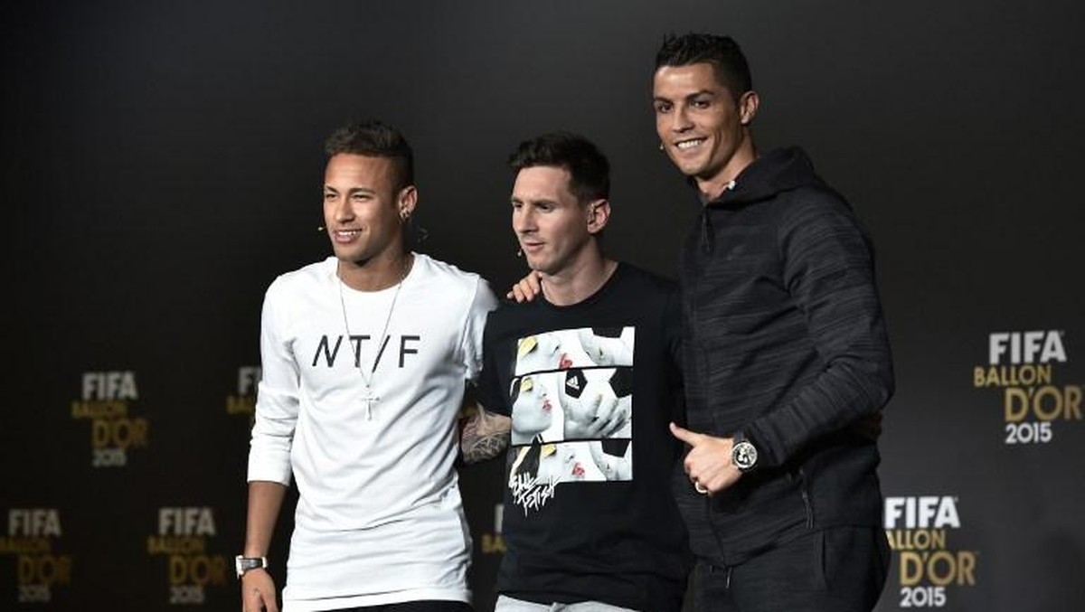 Neymar, Lionel Messi, dan Cristiano Ronaldo. (FABRICE COFFRINI / AFP)