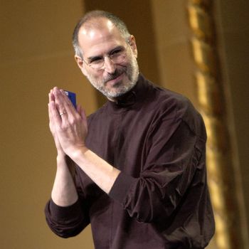 SAN JOSE, CA - OCTOBER 26: Steve Jobs of Apple Computer celebrates the release of a new Apple iPod family of products at the California Theatre on October 26, 2004 in San Jose California. (Photo by Tim Mosenfelder/Getty Images)