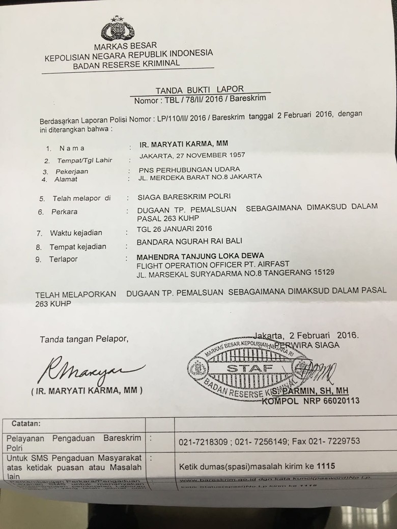 pidana surat tindak laporan Polisi Tetapkan Flight Kasus Palsu, Flight Approval