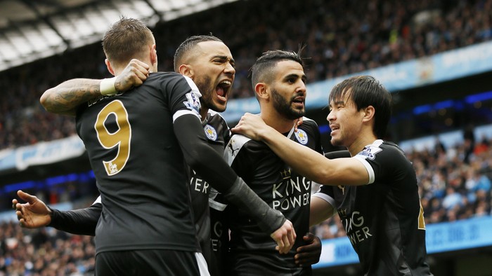 Football - Manchester City v Leicester City - Barclays Premier League - Etihad Stadium - 6/2/16
Leicester Citys Riyad Mahrez celebrates scoring their second goal with team mates
Action Images via Reuters / Jason Cairnduff
Livepic
EDITORIAL USE ONLY. No use with unauthorized audio, video, data, fixture lists, club/league logos or live services. Online in-match use limited to 45 images, no video emulation. No use in betting, games or single club/league/player publications.  Please contact your account representative for further details.