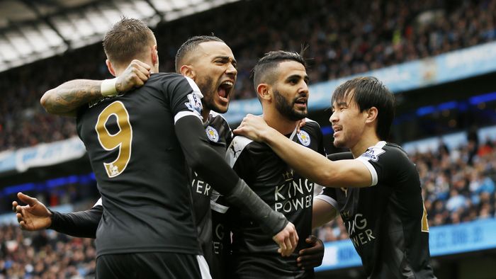 Mahrez Football - Manchester City v Leicester City - Barclays Premier League - Etihad Stadium - 6/2/16
Leicester Citys Riyad Mahrez celebrates scoring their second goal with team mates
Action Images via Reuters / Jason Cairnduff
Livepic
EDITORIAL USE ONLY. No use with unauthorized audio, video, data, fixture lists, club/league logos or live services. Online in-match use limited to 45 images, no video emulation. No use in betting, games or single club/league/player publications. Please contact your account representative for further details.