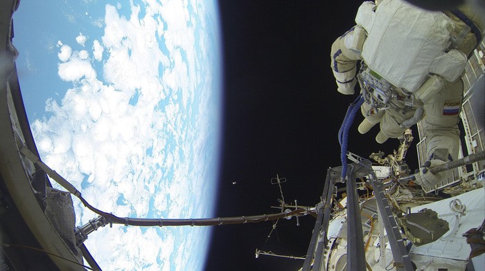 International Space Station (ISS) expedition 46/47 crew member, Russian cosmonaut Sergei Volkov performs a spacewalk outside the ISS in this Roscosmos image released on February 7, 2016.