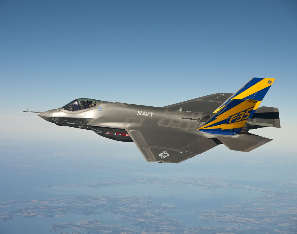110211-O-XX000-001NAVAL AIR STATION PATUXENT RIVER, Md. (Feb. 11, 2011) The U.S. Navy variant of the F-35 Joint Strike Fighter, the F-35C, conducts a test flight over the Chesapeake Bay. Lt. Cmdr. Eric 