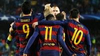 Tiga gol yang di ciptakan trio MSN membawa Barca ke babak perempatfinal Liga Champions. Albert Gea/Reuters/detikFoto.