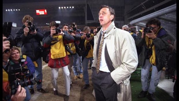 18 Mar 1996:  A portrait of Johan Cryuff the manager of Barcelona before the start of the UEFA cup quarter-final against PSV.