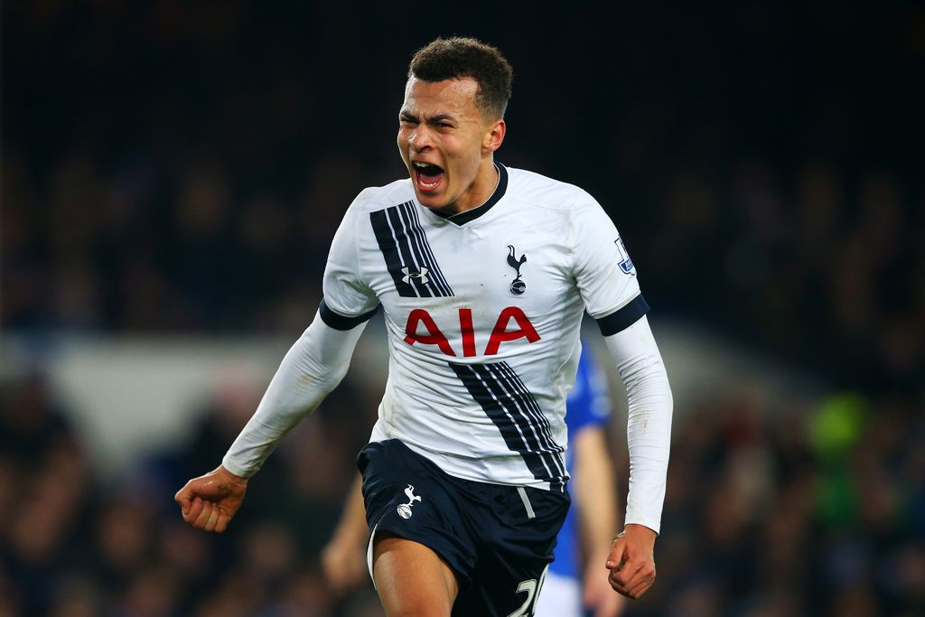LIVERPOOL, ENGLAND - JANUARY 03:  Dele Alli of Tottenham Hotspur celebrates after scoring his team's first goal during the Barclays Premier League match between Everton and Tottenham Hotspur at Goodison Park on January 3, 2016 in Liverpool, England.  (Photo by Alex Livesey/Getty Images)