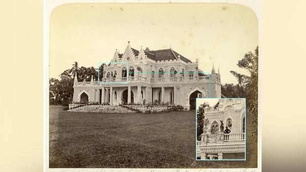 RUMAH RADEN SALEH Tim konservasi menemukan dua foto yang menangkap Raden Saleh berdiri di balkon dan saat bersama karyawan rumahnya. (Dok. PDA)