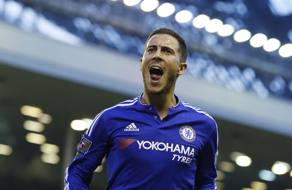 Britain Football Soccer - Liverpool v Chelsea - Barclays Premier League - Anfield - 11/5/16 Eden Hazard celebrates after scoring the first goal for Chelsea Reuters / Andrew Yates Livepic EDITORIAL USE ONLY.