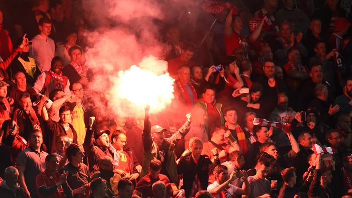 Football Soccer - Liverpool v Sevilla - UEFA Europa League Final - St. Jakob-Park, Basel, Switzerland - 18/5/16
Liverpool fans celebrate with a flare
Reuters / Dylan Martinez
Livepic
EDITORIAL USE ONLY.