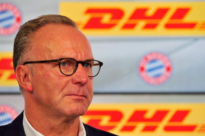 MUNICH, GERMANY - AUGUST 22:  Karl-Heinz Rummenigge, CEO of FC Bayern Muenchen AG, addresses the media during a press conference on the new partnership between FC Bayern Muenchen and DHL at Allianz Arena on August 22, 2014 in Munich, Germany.  (Photo by Lennart Preiss/Getty Images)
