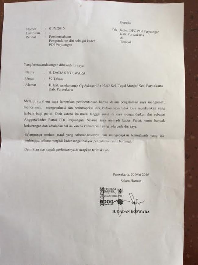 Contoh Surat Pengunduran Diri Dari Pengurus Partai Politik 