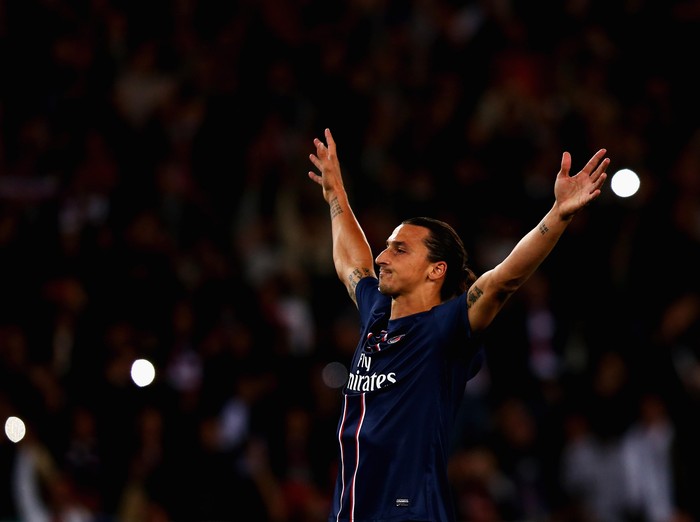 PARIS, FRANCE - SEPTEMBER 18:  Zlatan Ibrahimovic of Paris Saint-Germain celebrates scoring the first goal of the game during the UEFA Champions League match between Paris Saint-Germain FC and FC Dynamo Kiev at Parc des Princes on September 18, 2012 in Paris, France.  (Photo by Dean Mouhtaropoulos/Getty Images)