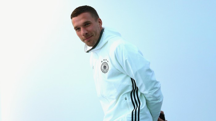 EVIAN-LES-BAINS, FRANCE - JUNE 14:  Lukas Podolski of Germany arrives for a Germany press conference at Ermitage Evian on June 14, 2016 in Evian-les-Bains, France.  (Photo by Alexander Hassenstein/Getty Images)