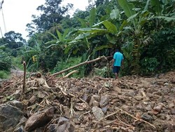 Badan Jalan Tertimbun Longsor,  Desa Sungai Pisang Padang Terisolir