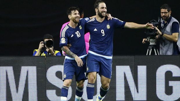 Jun 21, 2016; Houston, TX, USA; Argentina forward Gonzalo Higuain (9) celebrates with midfielder Lionel Messi (10) after scoring a goal during the second half against the United States in the semifinals of the 2016 Copa America Centenario soccer tournament at NRG Stadium. Argentina won 4-0. Mandatory Credit: Troy Taormina-USA TODAY Sports