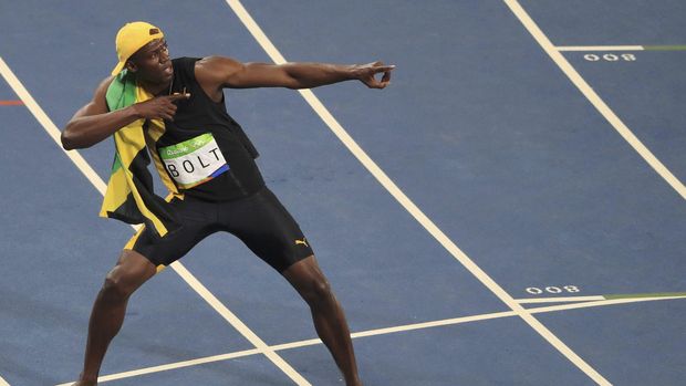 Usain Bolt ketika meraih emas lari 100 meter di Olimpiade 2016.