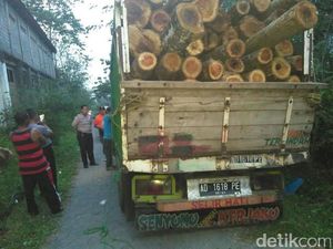 Truk Berisi Kayu Jati Gelondongan Ditinggal Pemiliknya di Jalan