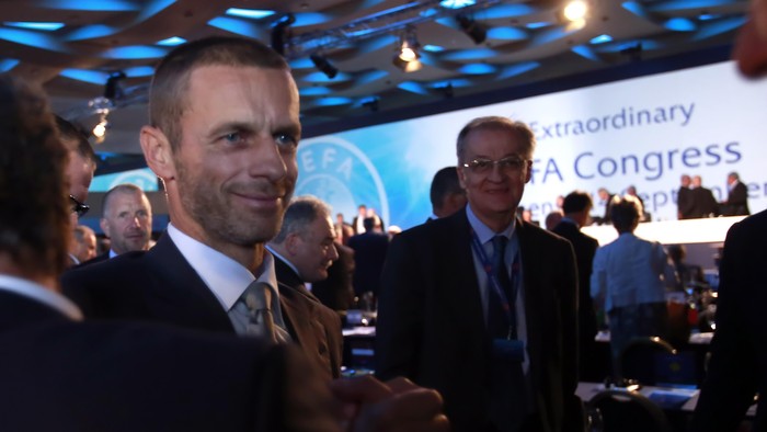 ATHENS, GREECE - SEPTEMBER14: Newly elected UEFA President Aleksander Ceferin is congratulated at the 12th Extraordinary UEFA congress in  in Athens, Greece  14 September 2016.   (Photo by Milos Bicanski/Getty Images)