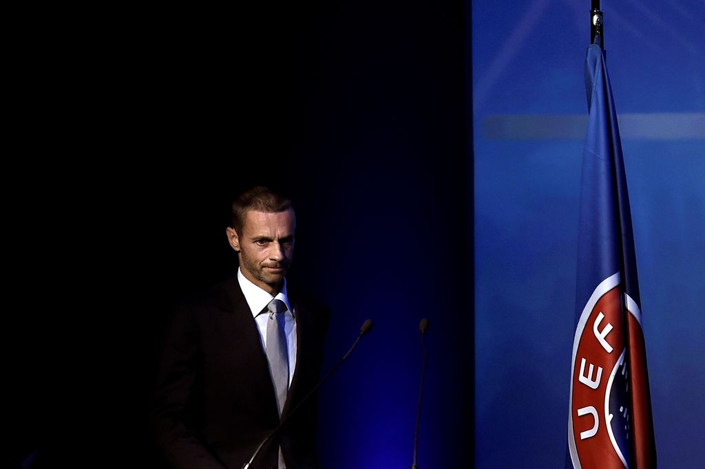 UEFA's newly elected president, Slovenian Aleksander Ceferin, is pictured during the 12th Extraordinary UEFA congress in Lagonissi, some 40 kilometers south of Athens, on September 14, 2016. Disgraced football leader Michel Platini said on September 14 in a farewell speech to UEFA that he felt no guilt over a $2 million payment from FIFA that has seen him suspended for four years. / AFP PHOTO / ARIS MESSINIS