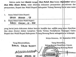 Pilkada Tulang Bawang Barat Hanya Diikuti 1 Pasang Calon yang Diusung 10 Parpol
