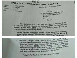 Ini Surat Wali Kota Jaksel Larang Peribadatan GBKP Pasar Minggu