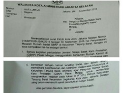 Ini Surat Wali Kota Jaksel Larang Peribadatan GBKP Pasar Minggu