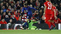 Zlatan Ibrahimovic berusaha mengecoh kiper Liverpool Loris Karius. Reuters/Phil Noble.