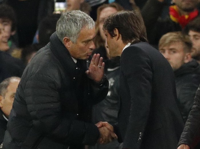 Britain Soccer Football - Chelsea v Manchester United - Premier League - Stamford Bridge - 23/10/16
Manchester United manager Jose Mourinho and Chelsea manager Antonio Conte at the end of the match 
Action Images via Reuters / John Sibley
Livepic
EDITORIAL USE ONLY. No use with unauthorized audio, video, data, fixture lists, club/league logos or 