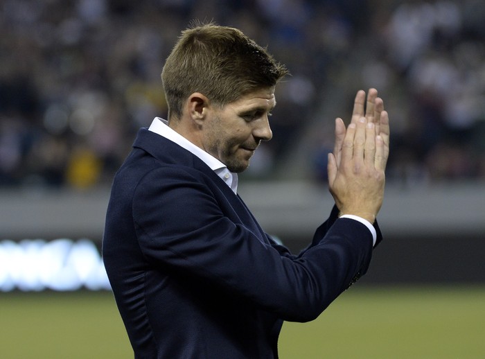 CARSON, CA - JULY 4: New Los Angeles Galaxy midfielder Steven Gerrard is introduced in front of fans during halftime against Toronto FC on July 4, 2015 at StubHub Center in Carson, California. The former Liverpool captain Steven Gerrard is scheduled to play his first MLS match on Friday, July 17 at StubHub Center against San Jose Earthquakes. (Photo by Kevork Djansezian/Getty Images)
