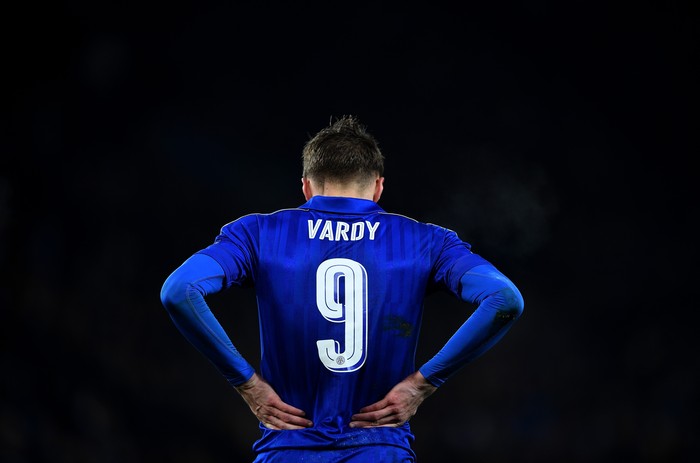 LEICESTER, ENGLAND - NOVEMBER 22: Jamie Vardy of Leicester City during the UEFA Champions League Group G match between Leicester City FC and Club Brugge KV at The King Power Stadium on November 22, 2016 in Leicester, England.  (Photo by Laurence Griffiths/Getty Images)
