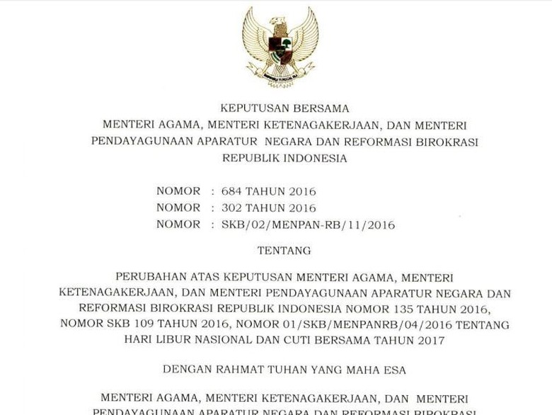 Libur Nasional dan Cuti Bersama 2017 Tambah 3 Hari, Ini 