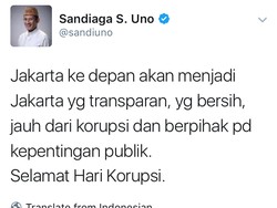 Sempat Salah Cuit, Sandiaga Tweet Ulang Ucapan Selamat Hari Antikorupsi
