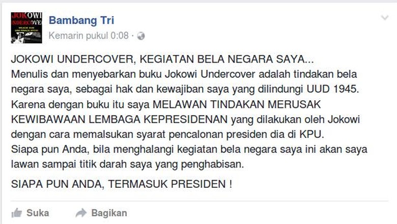 Bambang Tri si Penulis 'Jokowi Undercover' Diperiksa Polri