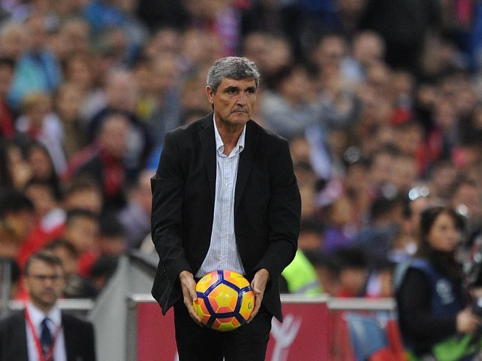 MADRID, SPAIN - OCTOBER 29:  Malaga CF manager Juande Ramos picks up a loose ball during the La Liga match between Club Atletico de Madrid and Malaga CF at estadio Vicente Calderon on October 29, 2016 in Madrid, Spain.  (Photo by Denis Doyle/Getty Images)