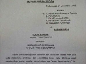 Bupati Purbalingga Terbitkan Edaran Salat Berjemaah Tepat Waktu
