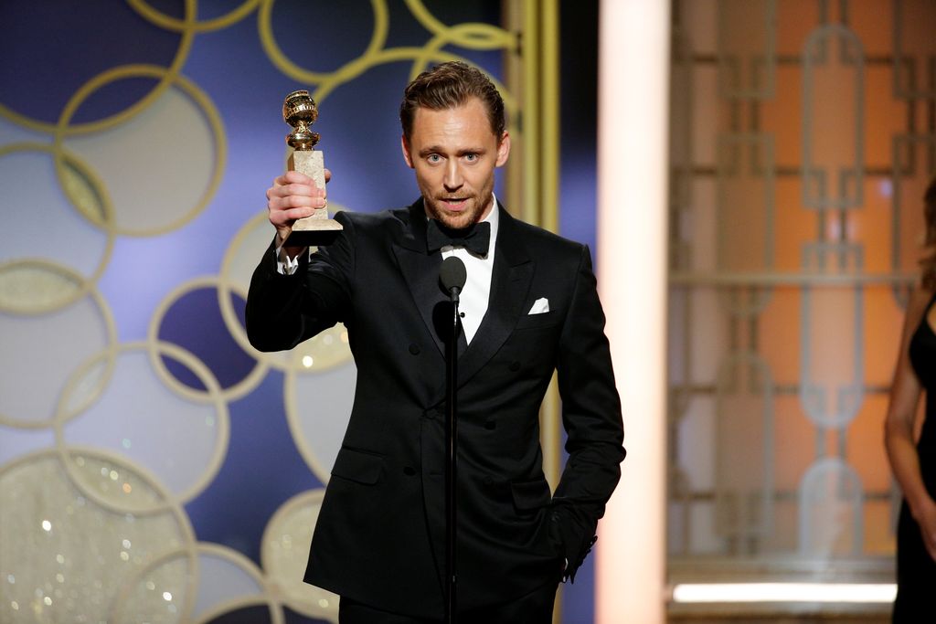 Actor Tom Hiddleston holds the award for Best Actor - Limited Series or Motion Picture for TV for 