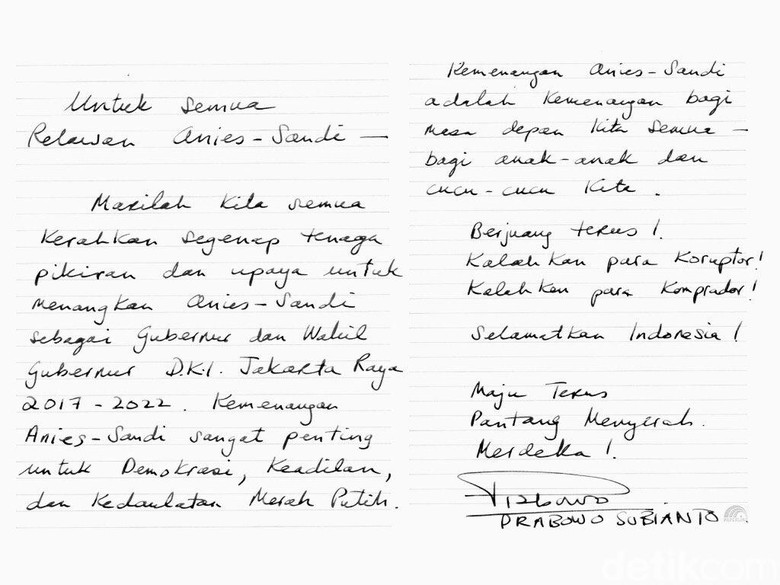 Tulisan Prabowo untuk Relawan Anies-Sandi: Selamatkan Indonesia! Tulisan Prabowo untuk Relawan Anies-Sandi: Selamatkan Indonesia!