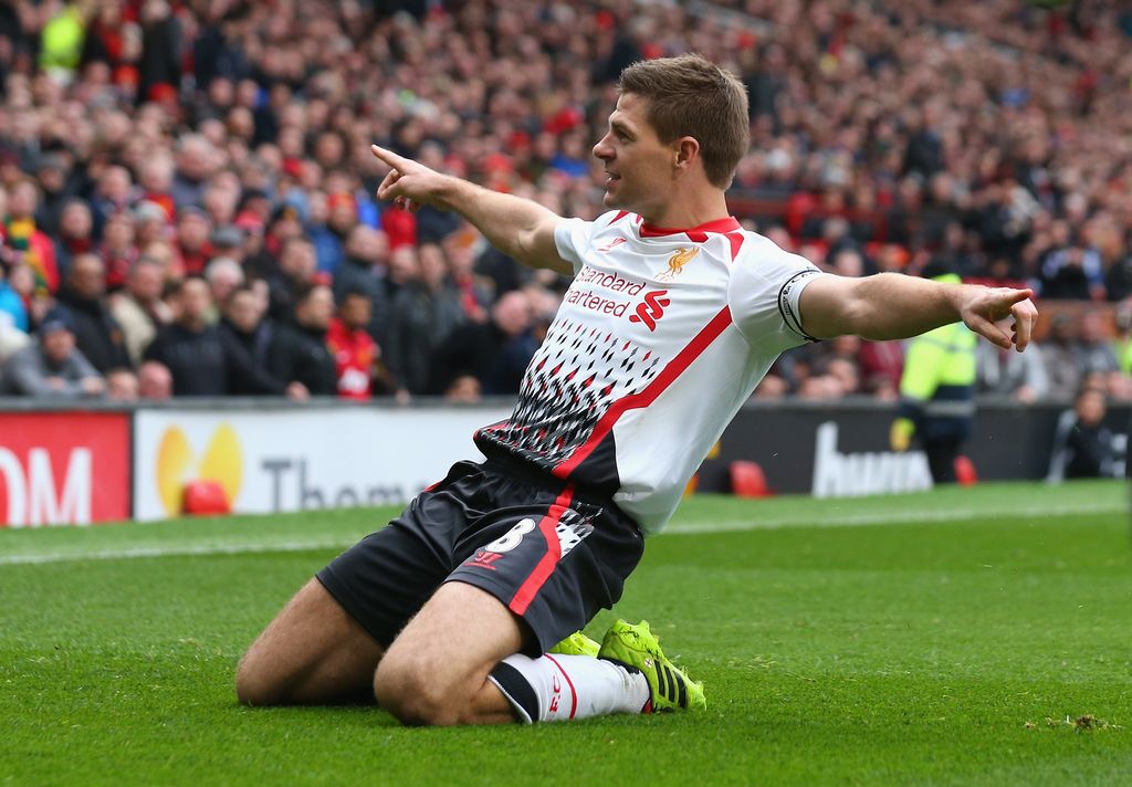 MANCHESTER, ENGLAND - MARCH 16:  Steven Gerrard of Liverpool celebrates scoring the second goal during the Barclays Premier League match between Manchester United and Liverpool at Old Trafford on March 16, 2014 in Manchester, England.  (Photo by Alex Livesey/Getty Images)