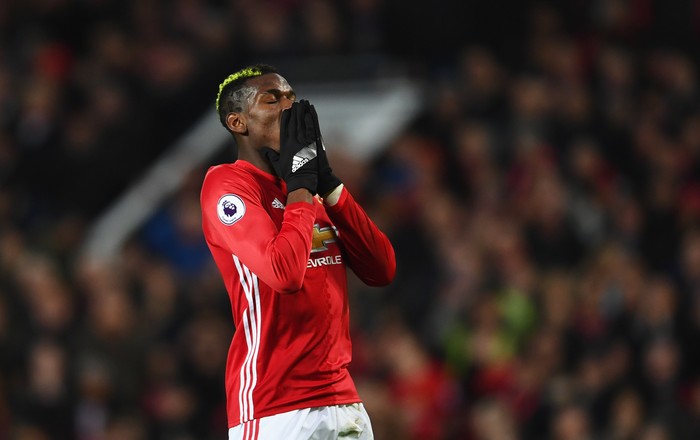 MANCHESTER, ENGLAND - JANUARY 15:  Paul Pogba of Manchester United reacts during the Premier League match between Manchester United and Liverpool at Old Trafford on January 15, 2017 in Manchester, England.  (Photo by Laurence Griffiths/Getty Images)