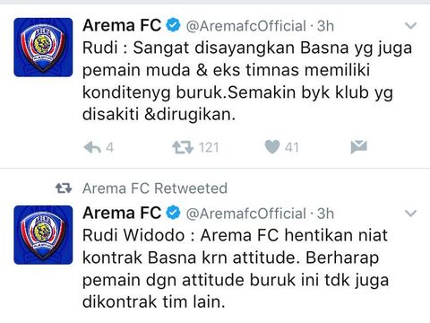Potongan cuitan twitter Arema FC
