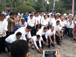 Dukung Konservasi, Garuda Lepaskan Tukik Penyu di Pantai Senggigi