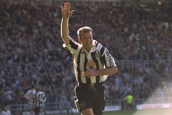 5 Apr 1997: Alan Shearer of Newcastle United celebrates after he scored the equalizer during the Premier League match against Sunderland at St. James Park, Newcastle. The game was drawn 1-1. \ Mandatory Credit: Stu Forster /Allsport