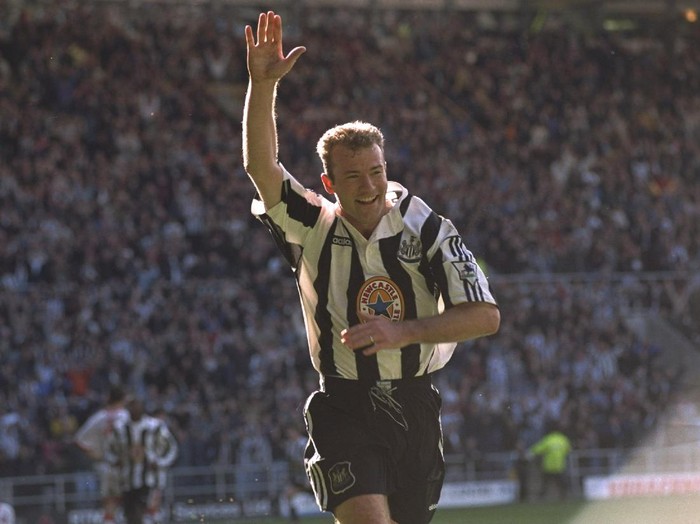 5 Apr 1997:  Alan Shearer of Newcastle United celebrates after he scored the equalizer during the Premier League match against Sunderland at St. James Park, Newcastle. The game was drawn 1-1. \ Mandatory Credit: Stu Forster /Allsport
