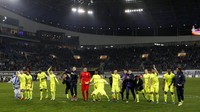 Para pemain Gent merayakan kemenangan. Dengan hasil ini, Gent punya bekal bagus menatap leg kedua di markas Spurs. Partai leg kedua akan digelar pada 24 Februari mendatang. Pool/Paul Childs/Reuters/detikFoto.