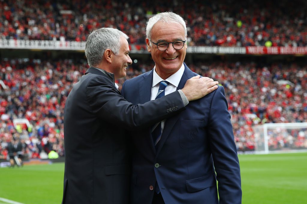 MANCHESTER, ENGLAND - SEPTEMBER 24:  Jose Mourinho of Manager of Manchester United (L) embraces Claudio Ranieri, Manager of Leicester City (R) before kick off during the Premier League match between Manchester United and Leicester City at Old Trafford on September 24, 2016 in Manchester, England.  (Photo by Clive Brunskill/Getty Images)