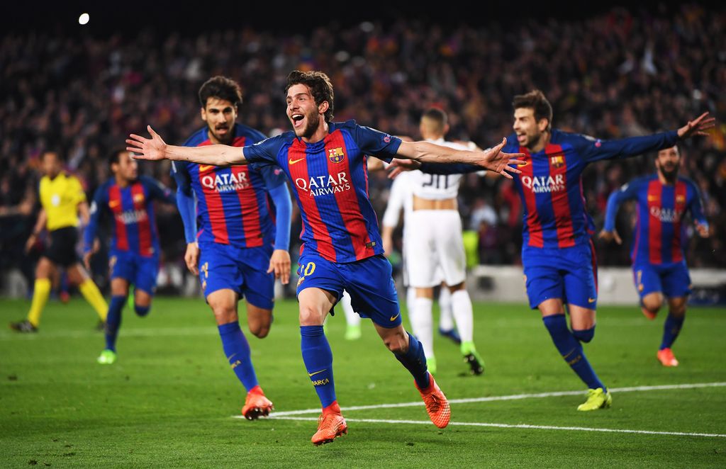BARCELONA, SPAIN - MARCH 08:  Sergi Roberto of Barcelona (20) celebrates as he scores their sixth goal during the UEFA Champions League Round of 16 second leg match between FC Barcelona and Paris Saint-Germain at Camp Nou on March 8, 2017 in Barcelona, Spain.  (Photo by Laurence Griffiths/Getty Images)